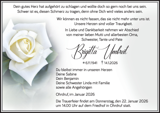 Traueranzeige von Brigitta Umbreit von Thüringer Allgemeine, Thüringische Landeszeitung