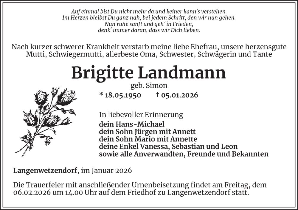  Traueranzeige für Brigitte Landmann vom 16.01.2026 aus Ostthüringer Zeitung