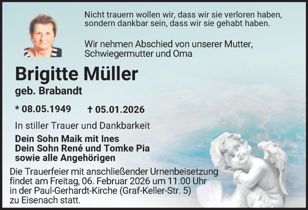  Traueranzeige für Brigitte Müller vom 31.01.2026 aus Thüringer Allgemeine, Thüringische Landeszeitung