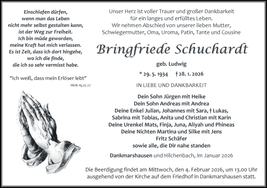 Traueranzeige von Bringfriede Schuchardt von Thüringer Allgemeine, Thüringische Landeszeitung