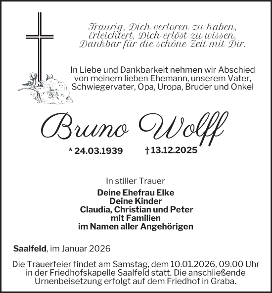 Traueranzeige von Bruno Wolff von Ostthüringer Zeitung