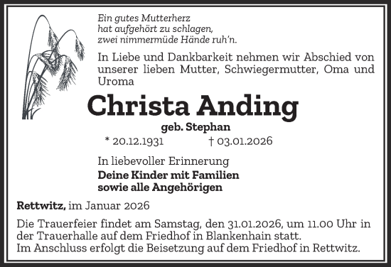 Traueranzeige von Christa Anding von Thüringer Allgemeine, Thüringische Landeszeitung