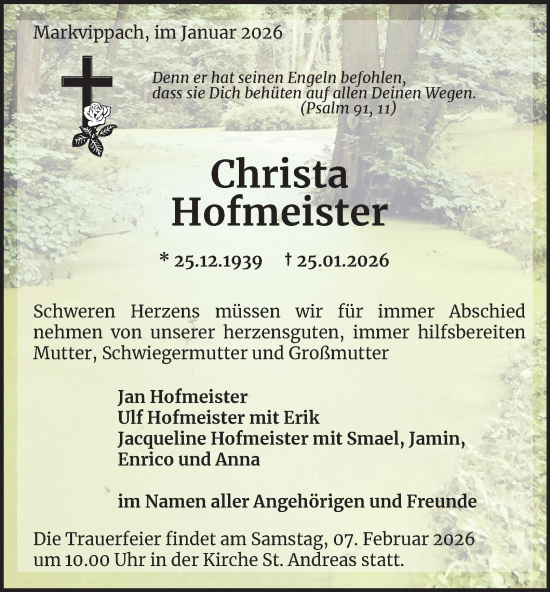 Traueranzeige von Christa Hofmeister von Thüringer Allgemeine, Thüringische Landeszeitung