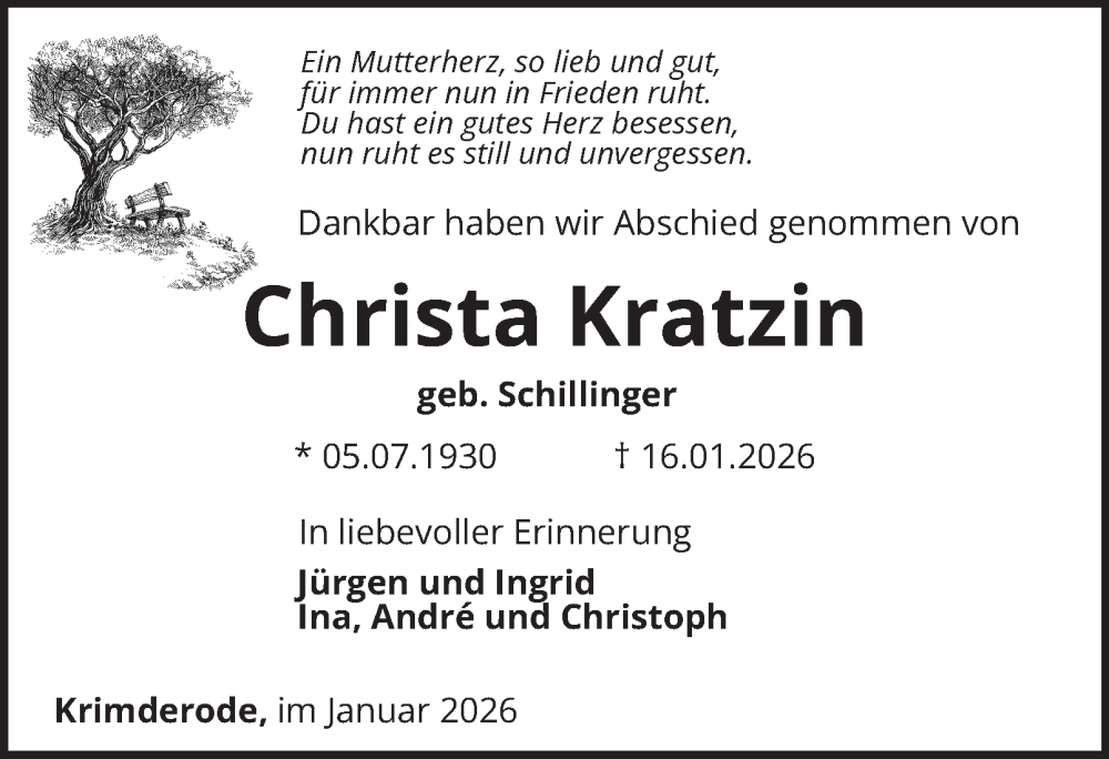  Traueranzeige für Christa Kratzin vom 31.01.2026 aus Thüringer Allgemeine