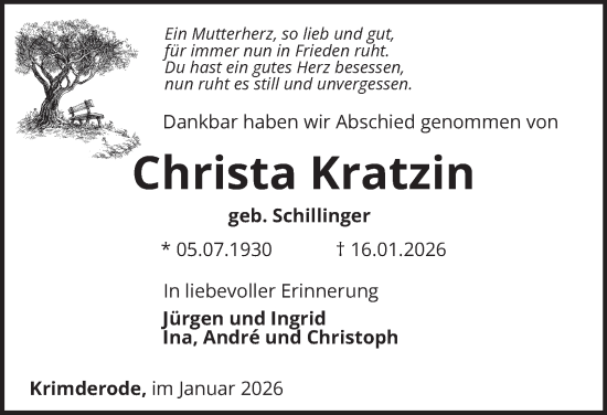 Traueranzeige von Christa Kratzin von Thüringer Allgemeine