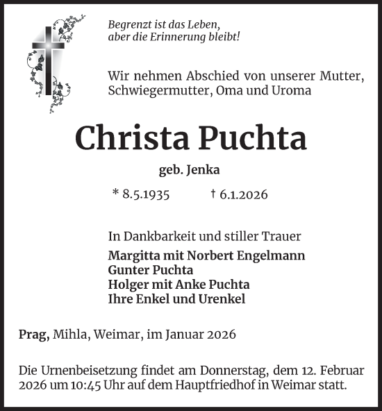 Traueranzeige von Christa Puchta von Thüringer Allgemeine, Thüringische Landeszeitung