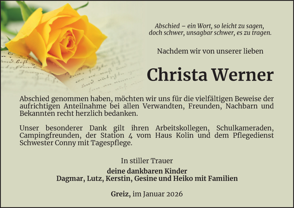  Traueranzeige für Christa Werner vom 09.01.2026 aus Ostthüringer Zeitung