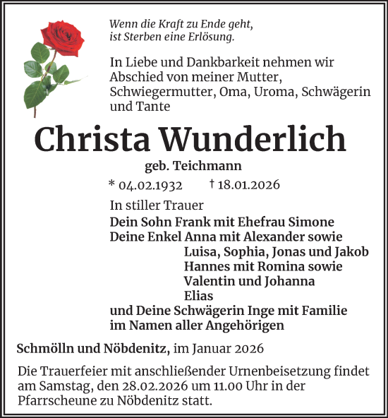 Traueranzeige von Christa Wunderlich von Ostthüringer Zeitung