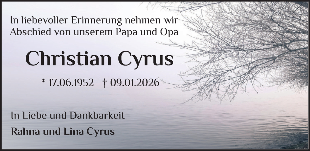  Traueranzeige für Christian Cyrus vom 24.01.2026 aus Thüringer Allgemeine, Thüringische Landeszeitung