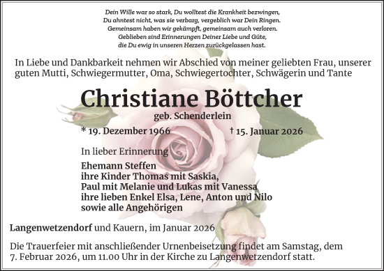 Traueranzeige von Christiane Böttcher von Ostthüringer Zeitung