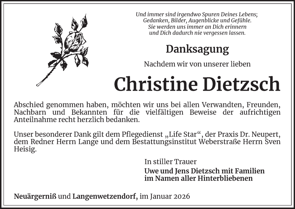  Traueranzeige für Christine Dietzsch vom 30.01.2026 aus Ostthüringer Zeitung