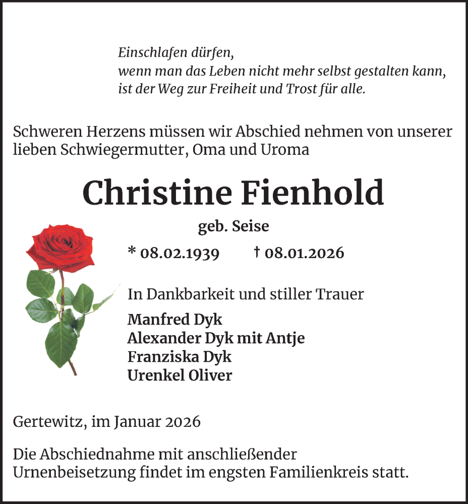 Traueranzeige für Christine Fienhold vom 24.01.2026 aus Ostthüringer Zeitung