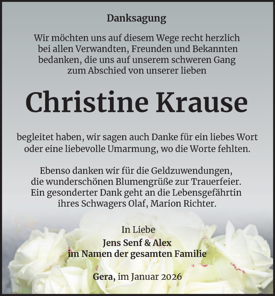  Traueranzeige für Christine Krause vom 24.01.2026 aus Ostthüringer Zeitung