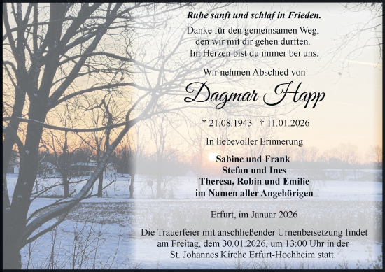 Traueranzeige von Dagmar Happ von Thüringer Allgemeine, Thüringische Landeszeitung