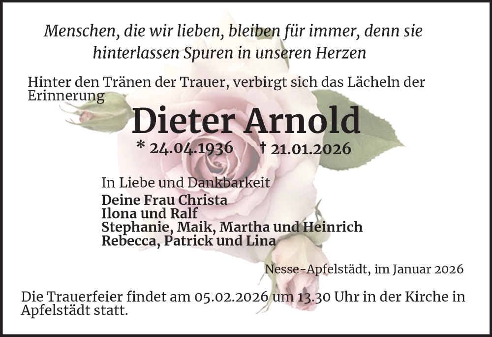  Traueranzeige für Dieter Arnold vom 29.01.2026 aus Thüringer Allgemeine, Thüringische Landeszeitung