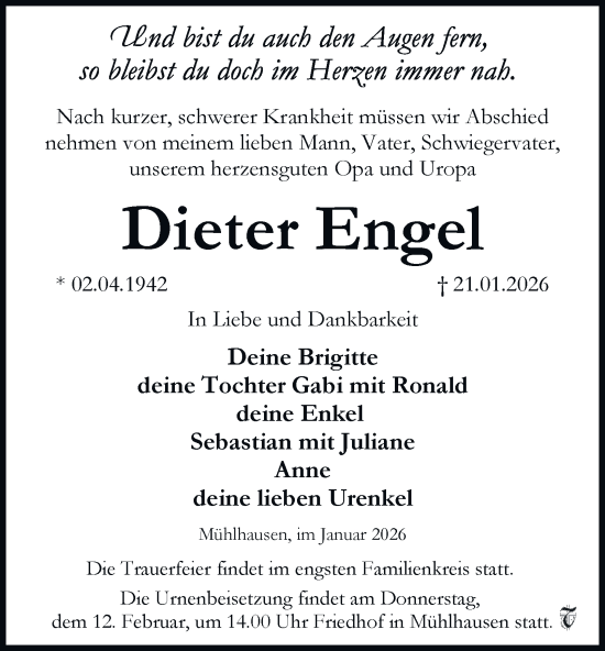 Traueranzeige von Dieter Engel von Thüringer Allgemeine, Thüringische Landeszeitung