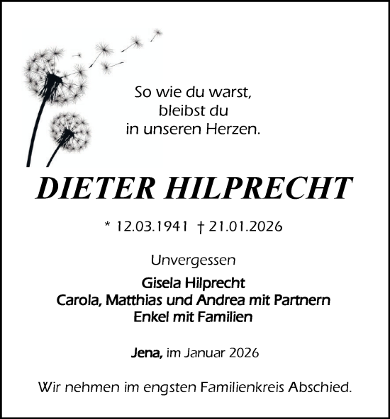 Traueranzeige von Dieter Hilprecht von Ostthüringer Zeitung, Thüringische Landeszeitung