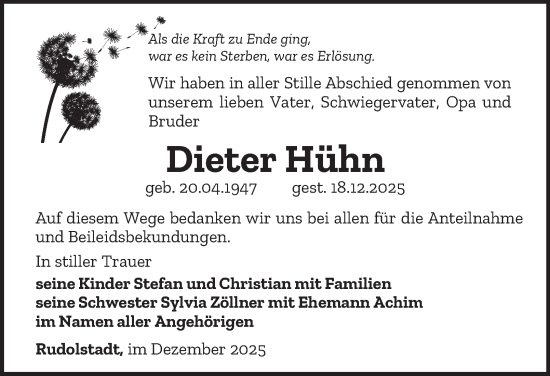 Traueranzeige von Dieter Hühn von Ostthüringer Zeitung