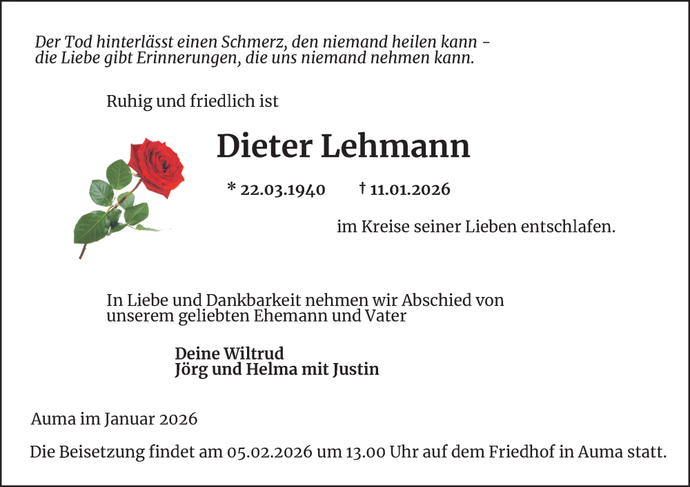  Traueranzeige für Dieter Lehmann vom 27.01.2026 aus Ostthüringer Zeitung