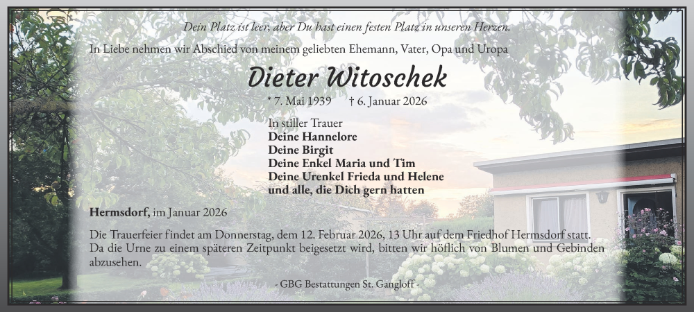  Traueranzeige für Dieter Witoschek vom 17.01.2026 aus Ostthüringer Zeitung