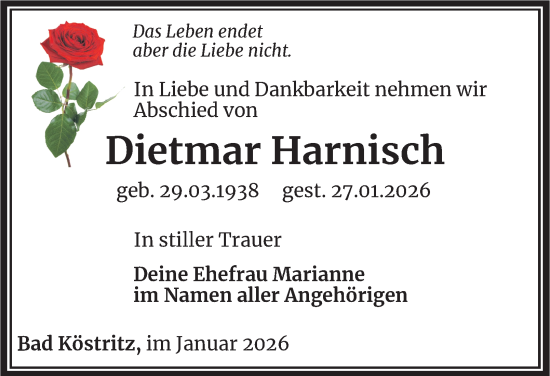 Traueranzeige von Dietmar Harnisch von Ostthüringer Zeitung