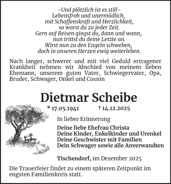 Traueranzeige von Dietmar Scheibe von Ostthüringer Zeitung