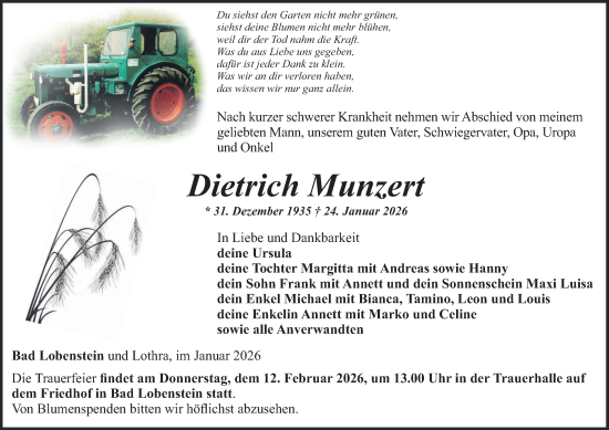Traueranzeige von Dietrich Munzert von Ostthüringer Zeitung