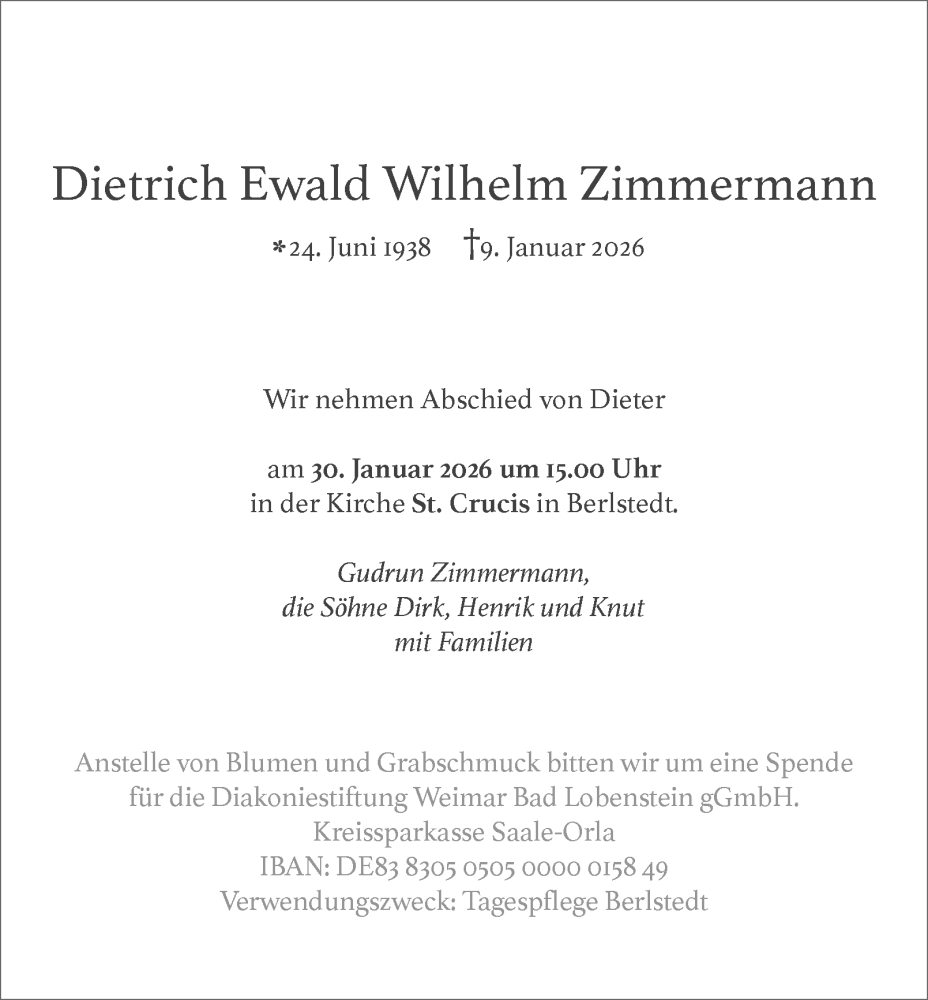  Traueranzeige für Dietrich Ewald Wilhelm Zimmermann vom 24.01.2026 aus Thüringer Allgemeine, Thüringische Landeszeitung