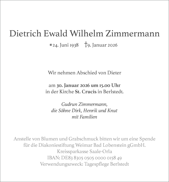 Traueranzeige von Dietrich Ewald Wilhelm Zimmermann von Thüringer Allgemeine, Thüringische Landeszeitung