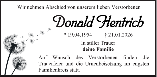Traueranzeige von Donald Hentrich von Thüringer Allgemeine