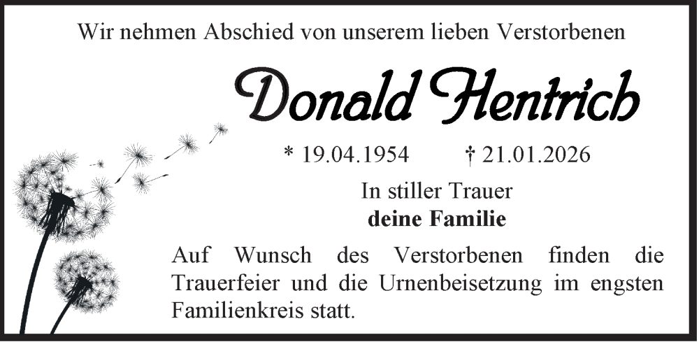  Traueranzeige für Donald Hentrich vom 31.01.2026 aus Thüringer Allgemeine