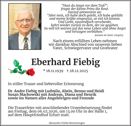 Traueranzeige von Eberhard Fiebig von Thüringer Allgemeine, Thüringische Landeszeitung