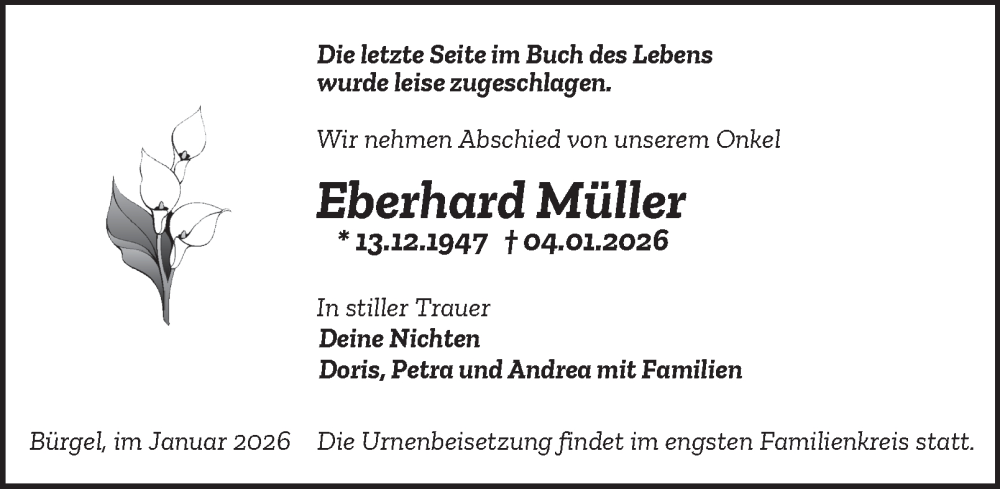  Traueranzeige für Eberhard Müller vom 17.01.2026 aus Ostthüringer Zeitung