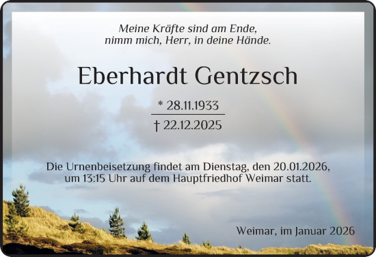 Traueranzeige von Eberhardt Gentzsch von Thüringer Allgemeine, Thüringische Landeszeitung
