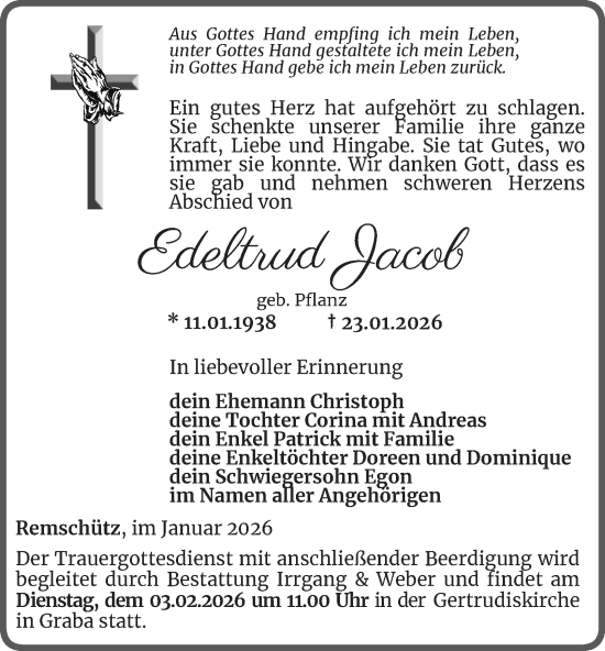 Traueranzeige von Edeltrud Jacob von Ostthüringer Zeitung