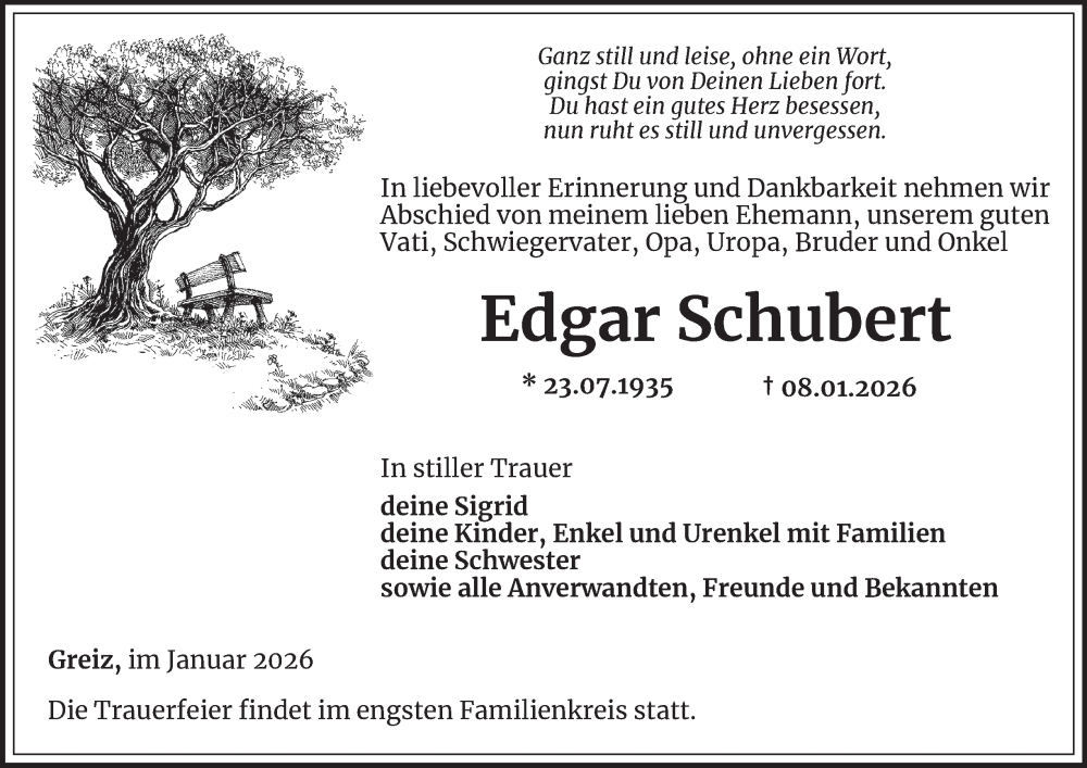  Traueranzeige für Edgar Schubert vom 16.01.2026 aus Ostthüringer Zeitung