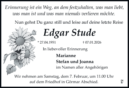 Traueranzeige von Edgar Stude von Thüringer Allgemeine, Thüringische Landeszeitung