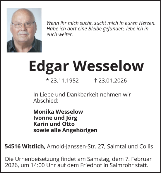 Traueranzeige von Edgar Wesselow von Ostthüringer Zeitung