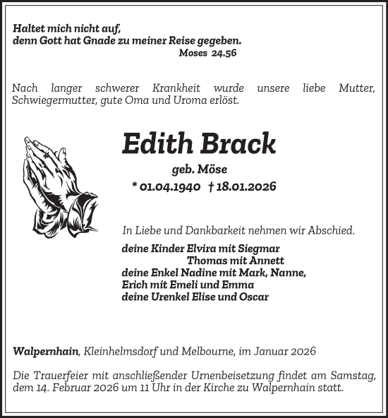 Traueranzeige von Edith Brack von Ostthüringer Zeitung