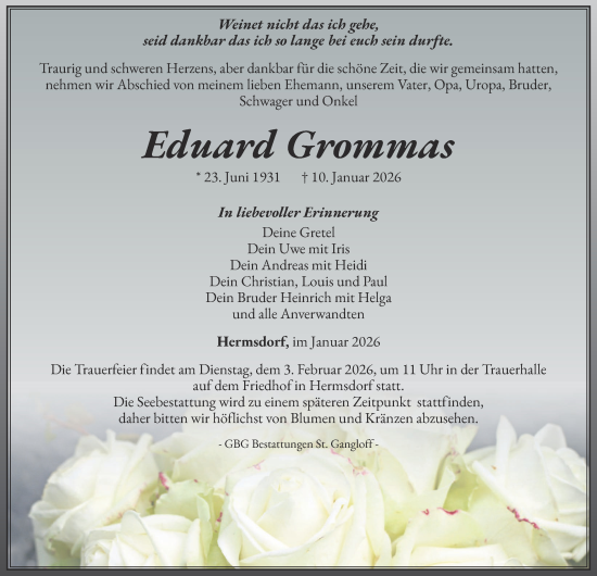 Traueranzeige von Eduard Grommas von Ostthüringer Zeitung