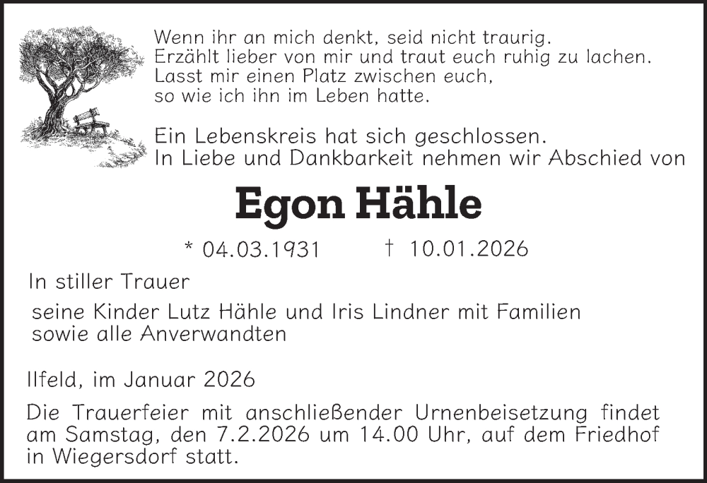  Traueranzeige für Egon Hähle vom 31.01.2026 aus Thüringer Allgemeine