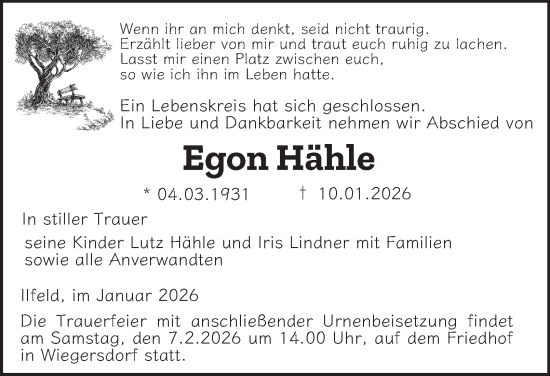Traueranzeige von Egon Hähle von Thüringer Allgemeine
