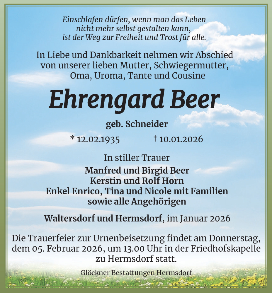  Traueranzeige für Ehrengard Beer vom 24.01.2026 aus Ostthüringer Zeitung