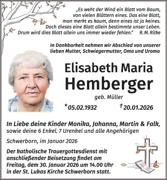 Traueranzeige von Elisabeth Maria Hemberger von Thüringer Allgemeine, Thüringische Landeszeitung