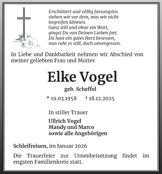 Traueranzeige von Elke Vogel von Ostthüringer Zeitung