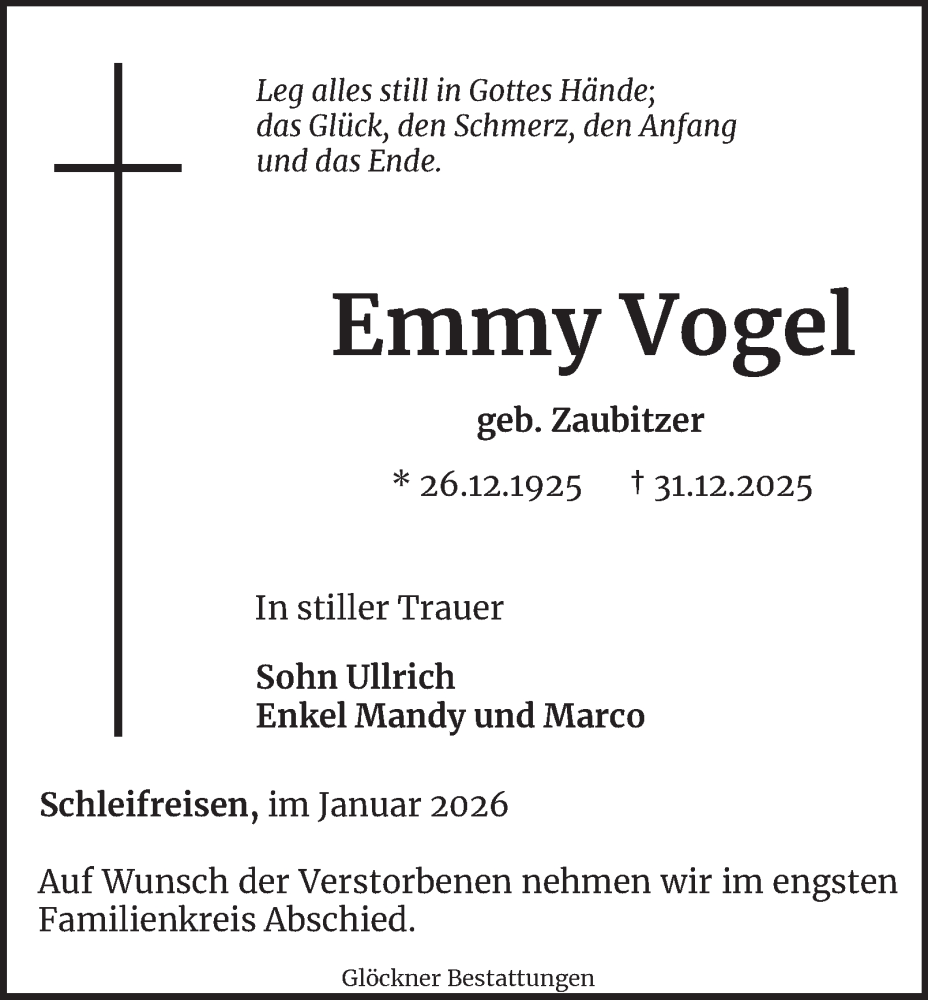  Traueranzeige für Emmy Vogel vom 24.01.2026 aus Ostthüringer Zeitung
