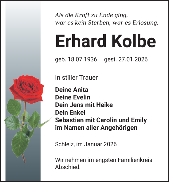 Traueranzeige von Erhard Kolbe von Ostthüringer Zeitung