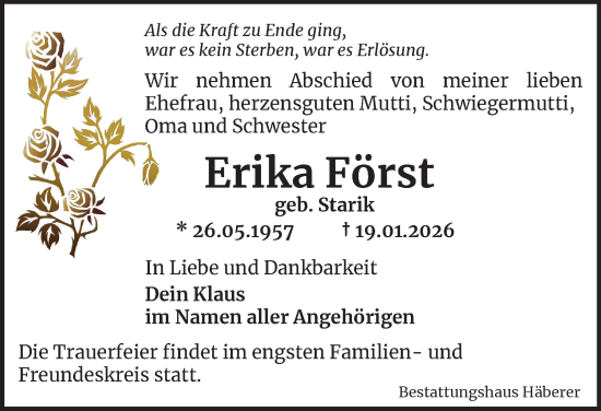 Traueranzeige von Erika Först von Ostthüringer Zeitung