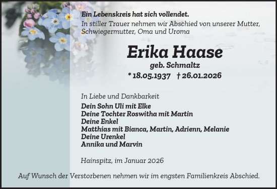 Traueranzeige von Erika Haase von Ostthüringer Zeitung