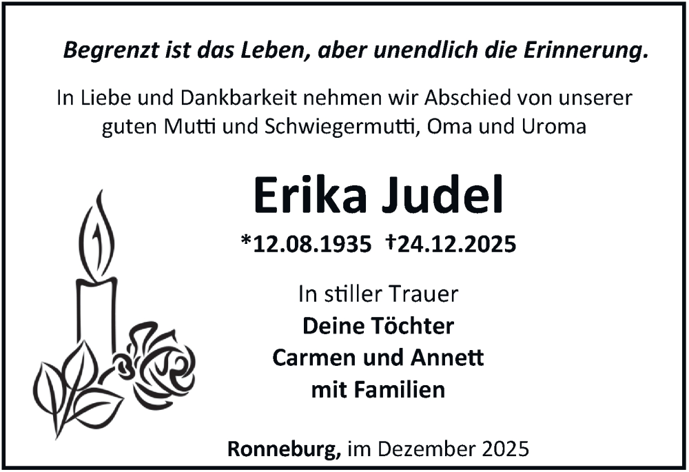  Traueranzeige für Erika Judel vom 03.01.2026 aus Ostthüringer Zeitung